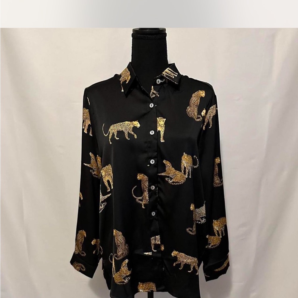 She + Sky Black and Gold Animal Print Button Down Shirt